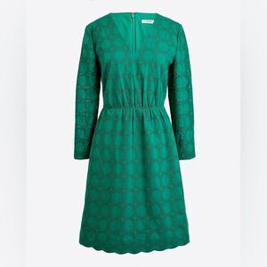 J. Crew V-neck lace eyelet long sleeve A-line dress in warm jade green, size 0